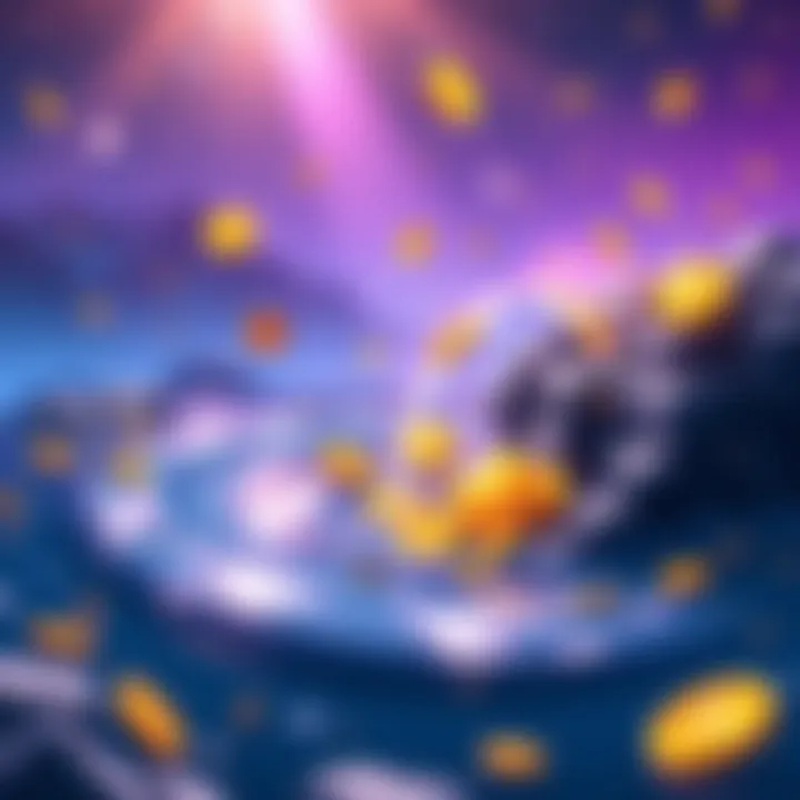 Illustration showing coins and tokens flowing into a digital liquidity pool on the Solana blockchain