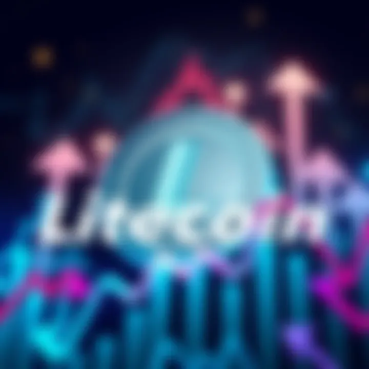 A visual representation of Litecoin with the logo surrounded by market trend graphs and rising arrows, symbolizing growth and investment potential.
