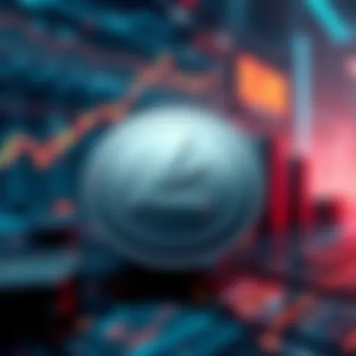 A Litecoin logo prominently displayed in a futuristic digital environment with graphs and symbols of cryptocurrency growth