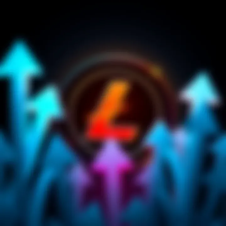 The Litecoin logo surrounded by upward trending arrows representing growth in the cryptocurrency market.