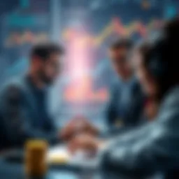 Traders engaging in a discussion about Litecoin markets with charts and graphs in the background