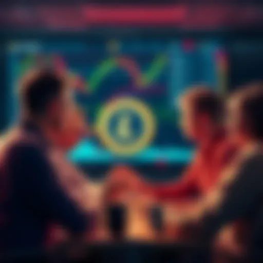 A group of people engaging in a discussion about Litecoin trading strategies and market trends, with charts and graphs displayed on a screen in the background.