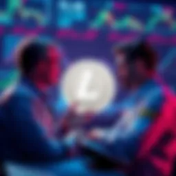 Traders discussing Litecoin strategies with charts and graphs in the background