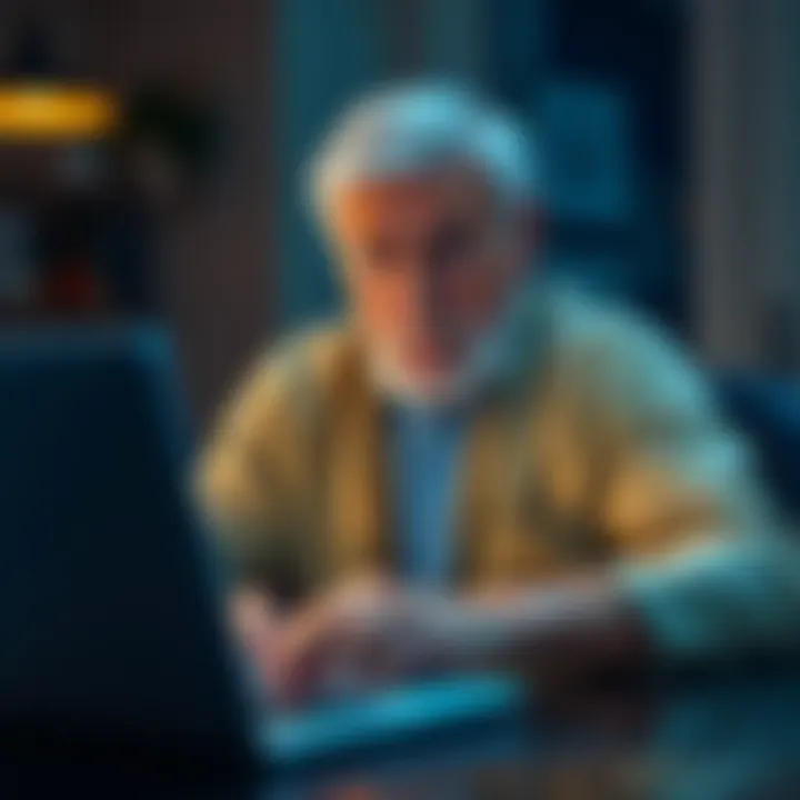 A senior man looks worried while trying to access his locked Coinbase wallet on a laptop