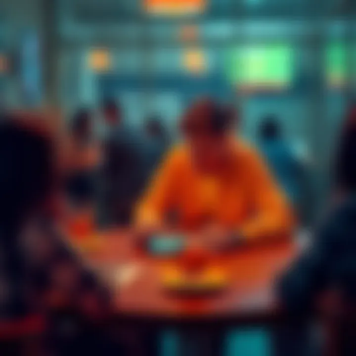 A person sitting alone at a table with a phone displaying Bitcoin prices, looking disengaged, surrounded by friends chatting about other topics.