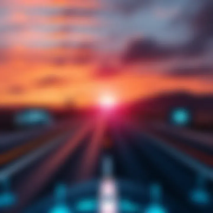 A forward-looking view of a road leading into the horizon with symbols of technology and innovation surrounding it.