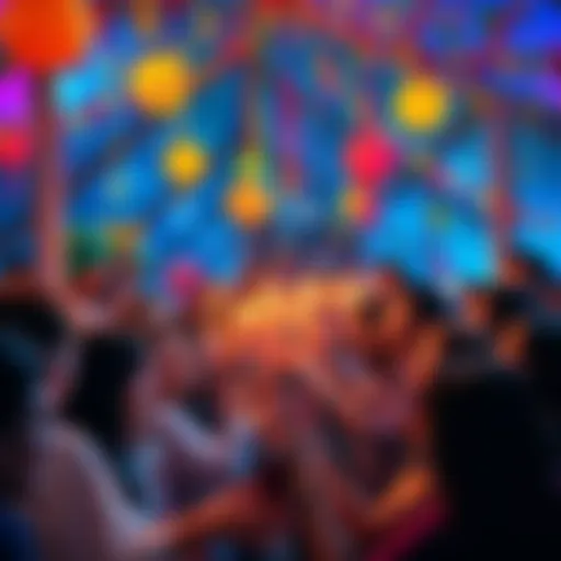 A vibrant gathering of people celebrating Loopring NFTs with colorful decorations and joyful expressions, showcasing the memories and connections made in the community.