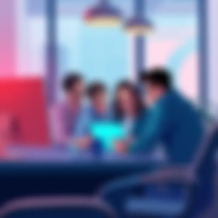 An illustration showing a team working together in a modern office environment, focusing on digital strategies and market analysis for Loopring during a challenging time.