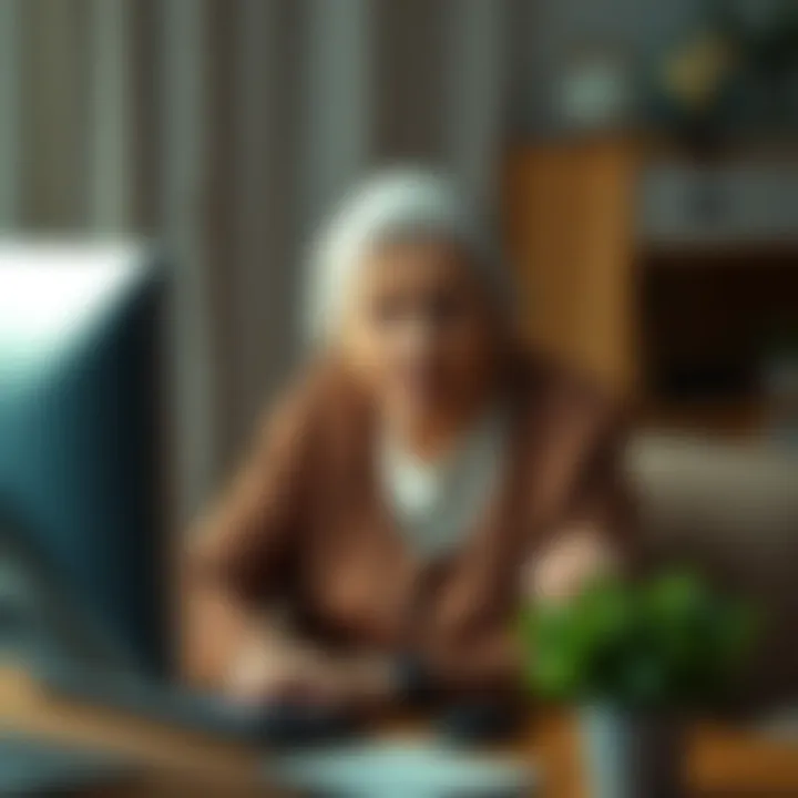 A retired woman sitting at her computer with a worried expression, reflecting on her lost savings in a crypto scam.