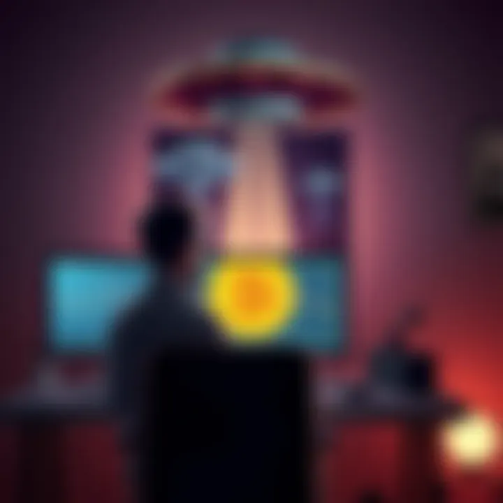 A former computer geek sitting in front of a computer, looking at Bitcoin charts while a UFO poster is on the wall behind him, representing his two passions of cryptocurrency and extraterrestrial life.