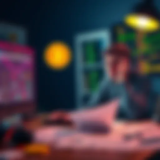 A person looking confused while reviewing Bitcoin transaction records on a computer, with notes and charts scattered on the desk, symbolizing lost transaction history.