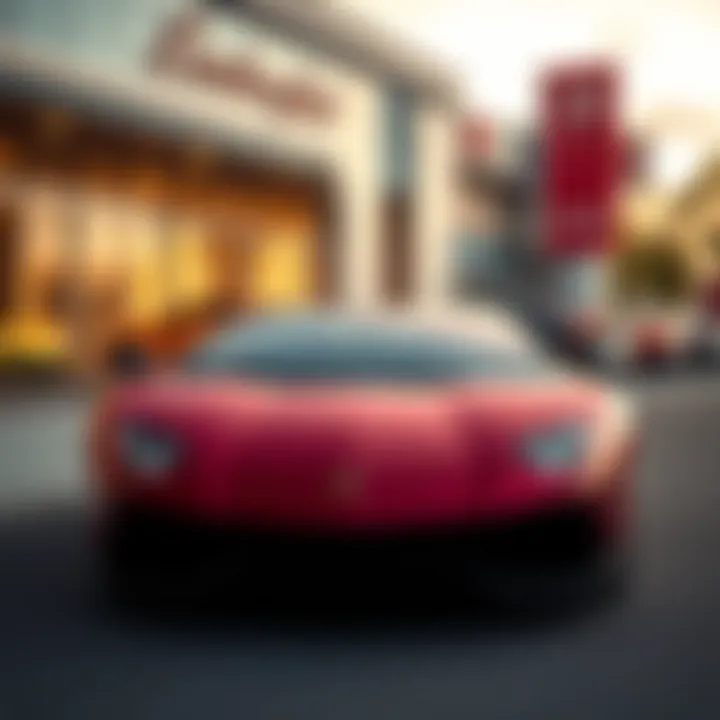 A sleek Lamborghini parked in front of a luxury car dealership, showcasing its shiny exterior and sporty design.