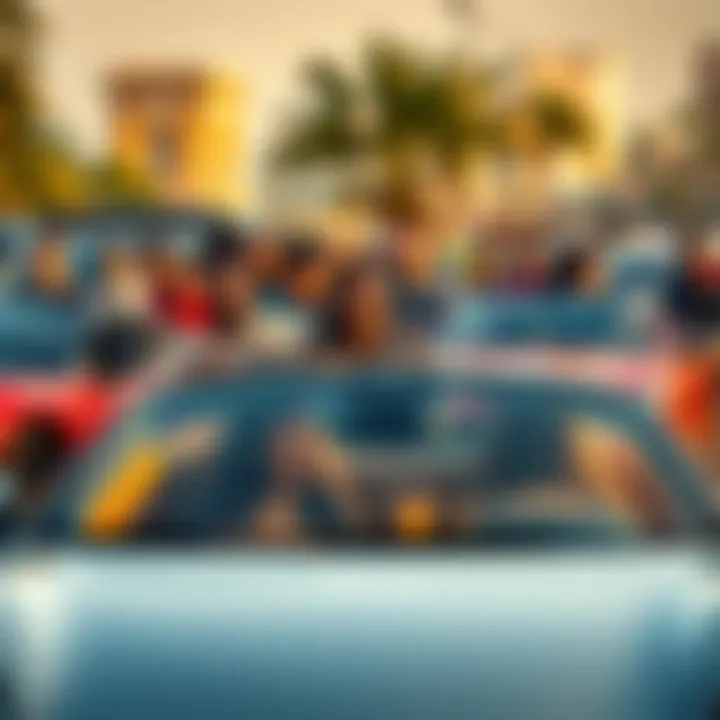 A group of diverse people enjoying luxury cars in a vibrant community setting, sharing their passion for car culture.