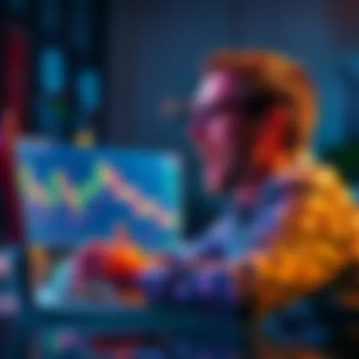 A man looks excited while placing a bet on a cryptocurrency on his laptop, with charts and digital coins displayed on the screen.