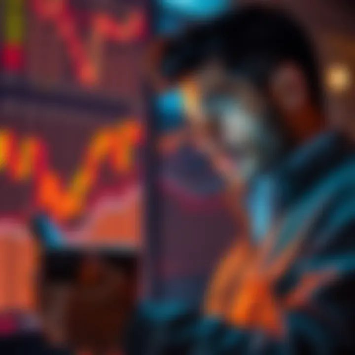 A man looking at Bitcoin price charts on his smartphone with a thoughtful expression