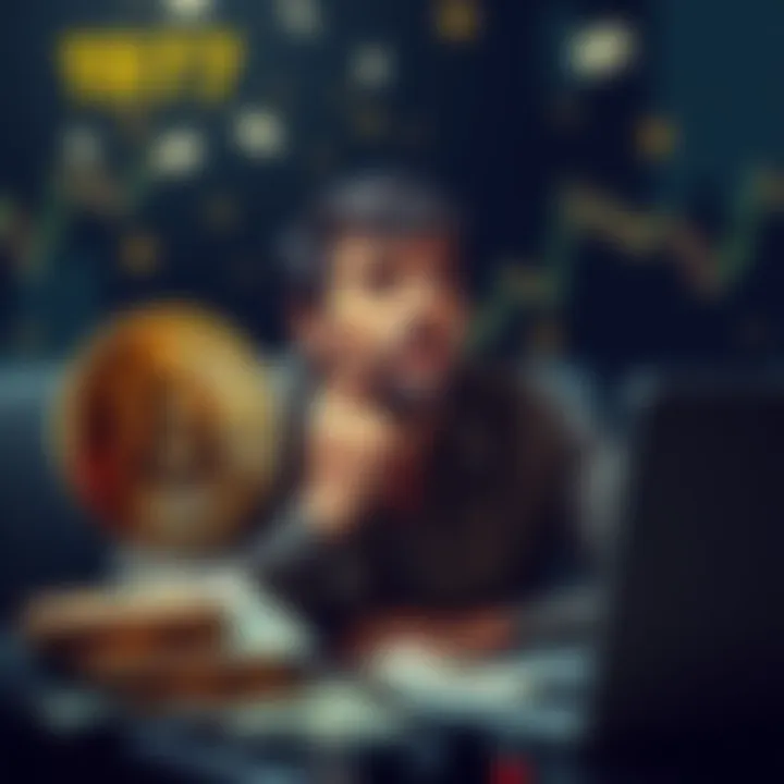 Man contemplating cashing out BTC A 43-year-old man thinking about whether to sell 187 BTC for financial comfort or hold for potential gains, surrounded by dollar bills and a laptop displaying cryptocurrency graphs.