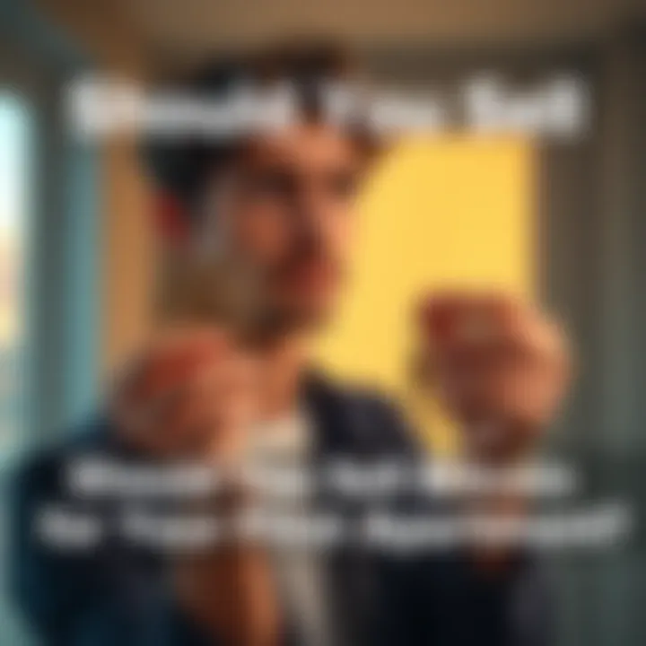 A young man looks at a Bitcoin in one hand and apartment keys in the other, symbolizing the decision to sell crypto for his first home.
