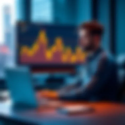 A man sitting at a desk with a laptop, looking disappointed at a Bitcoin price chart showing a recent surge, reflecting feelings of regret and missed opportunities.