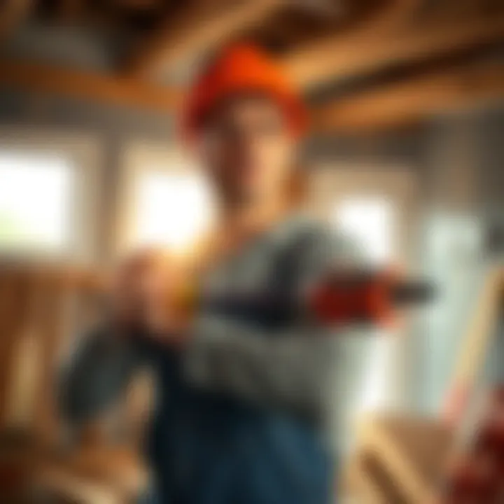 A man holding tools, working on home renovations after selling Bitcoin, with visible construction materials in the background.