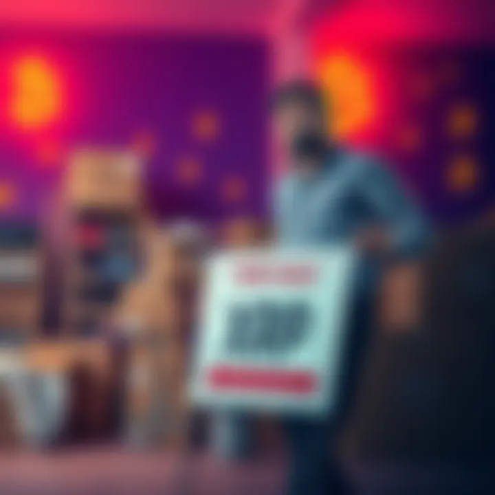 A man stands beside a 'For Sale' sign, surrounded by boxes of his belongings, with a hopeful expression and cryptocurrency symbols in the background.