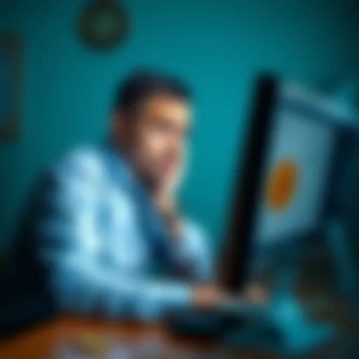 A worried man looking at his Bitcoin account on a computer. He appears stressed, considering his urgent medical needs. A hospital bill is visible on the desk.
