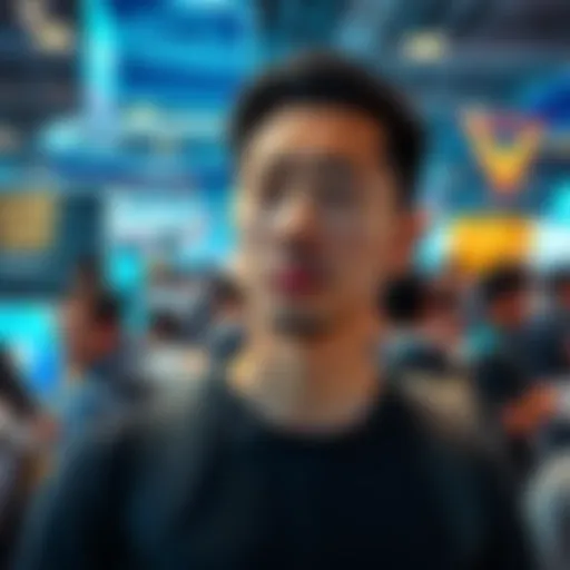 A man with a concerned expression at the Token2049 cryptocurrency event in Singapore, surrounded by attendees and event banners.