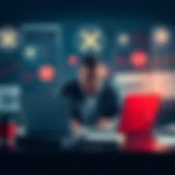 A man sitting at a desk surrounded by charts and XRP logos, focused on building his cryptocurrency portfolio, with a laptop open in front of him.