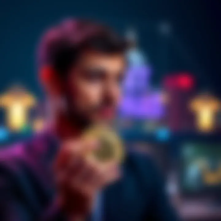 A man looks at Bitcoin coins while contemplating leaving his job, symbolizing financial decisions and career choices.