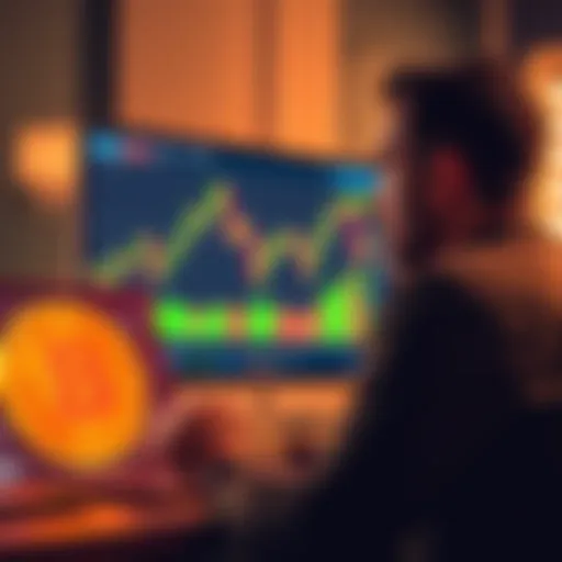 A man looks at his laptop with a Bitcoin chart on the screen, contemplating a big investment decision.