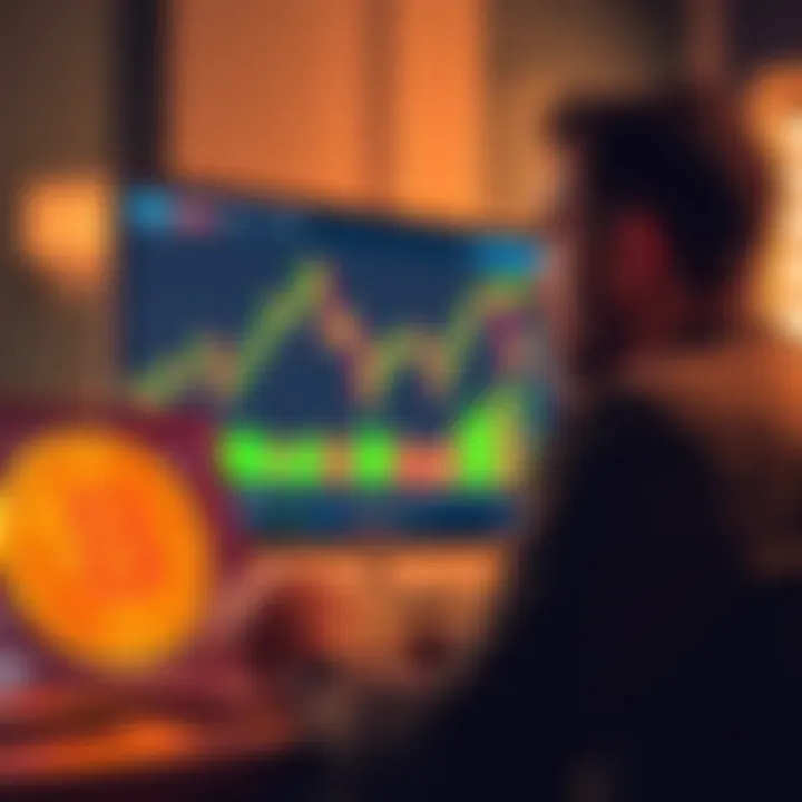 A man looks at his laptop with a Bitcoin chart on the screen, contemplating a big investment decision.