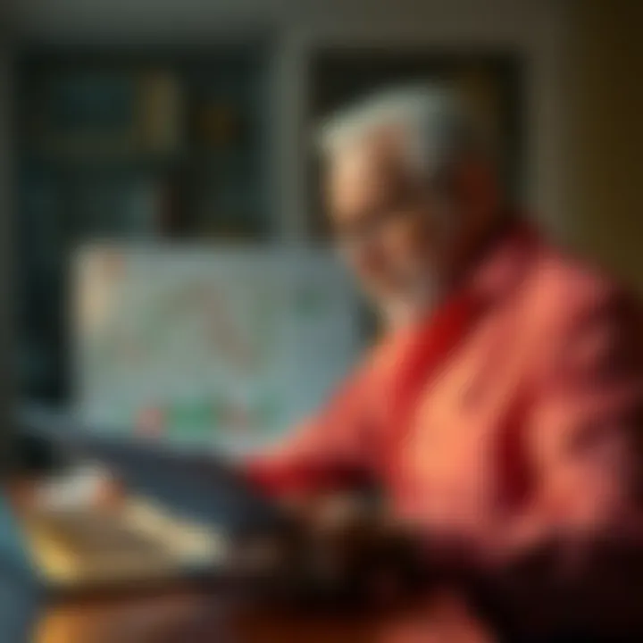 A 60-year-old man looking thoughtful, reviewing Bitcoin charts and notes at a desk, with a laptop open nearby