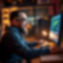 A man laughing while typing on a computer, teasing bitcoin enthusiasts in online forums.