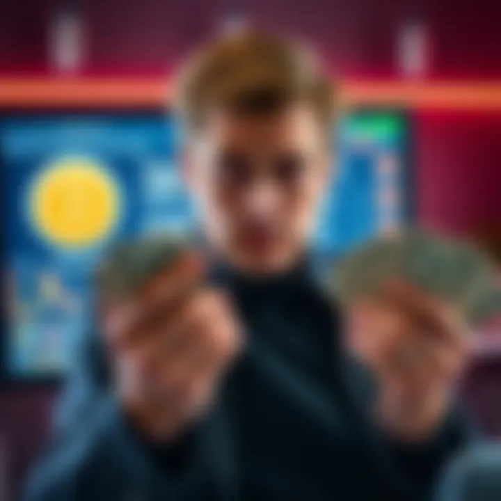 A man with a concerned expression holding a stack of cash and looking at a computer screen displaying Trump Coin.