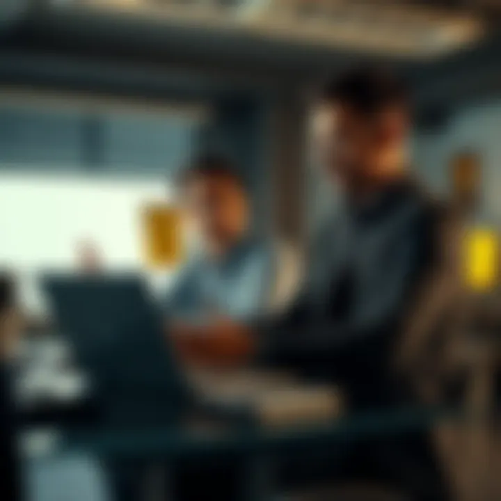 A manager and an employee sitting together at a desk, discussing Bitcoin investment strategies with a laptop open showing Bitcoin graphs and resources.