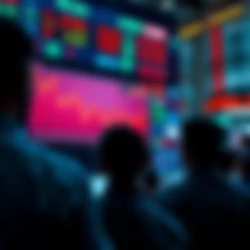 Stock market display with downward trend and worried investors watching the news about potential government shutdown.