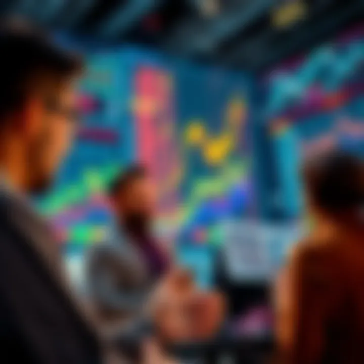 A group of people discussing stock market trends with charts and graphs in the background.