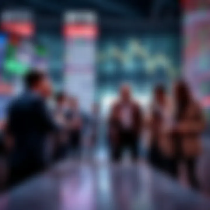 A group of people discussing market trends and investment strategies against a backdrop of declining stock prices.