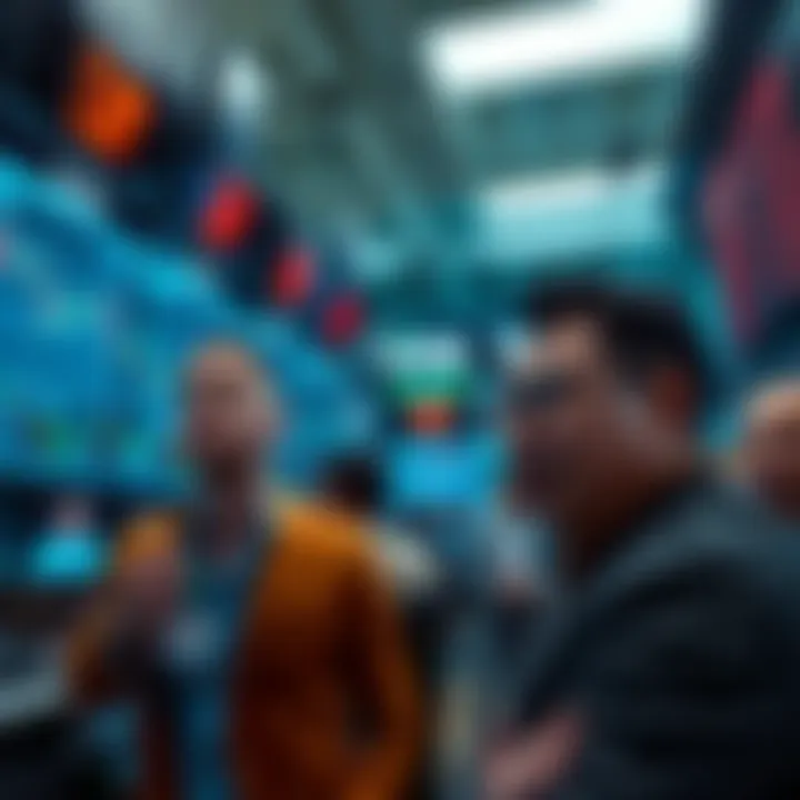 Investors looking worried while monitoring stock market screens with downward trends