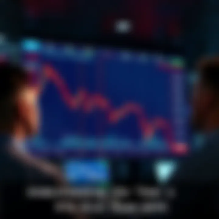 A graph showing a steep decline in stock prices after reaching all-time highs, with anxious traders observing the screen