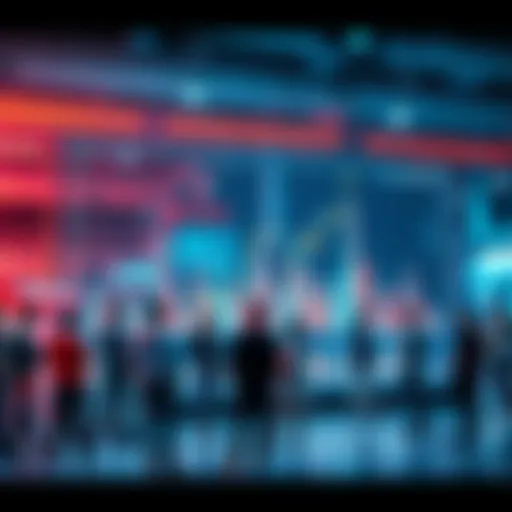 A graph showing fluctuating market trends with confused people discussing around it