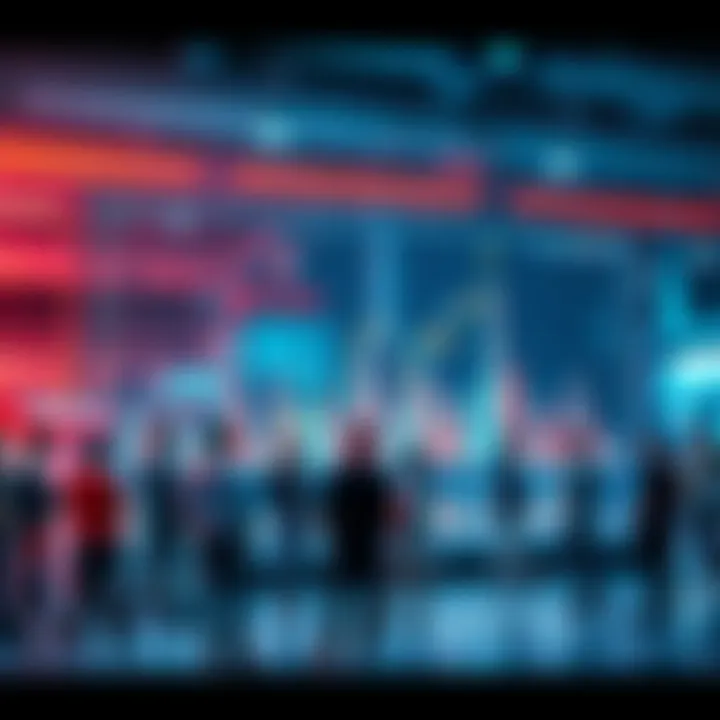 A graph showing fluctuating market trends with confused people discussing around it