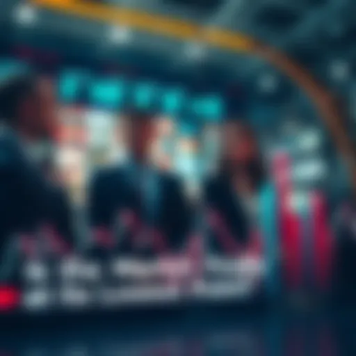 Market Analysis Graph showing declining market trends with analysts discussing in the background