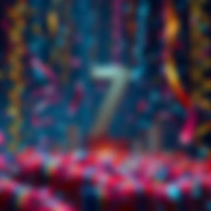 Celebration of a market cap reaching 7 billion with confetti and charts showing growth