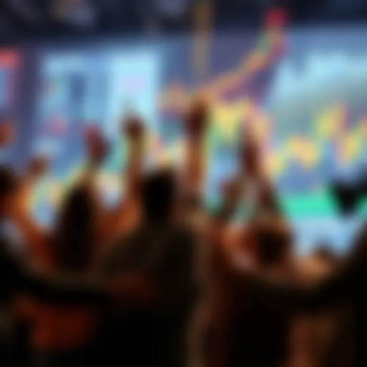 Investors celebrating a new all-time high in market trends with graphs and charts in the background.