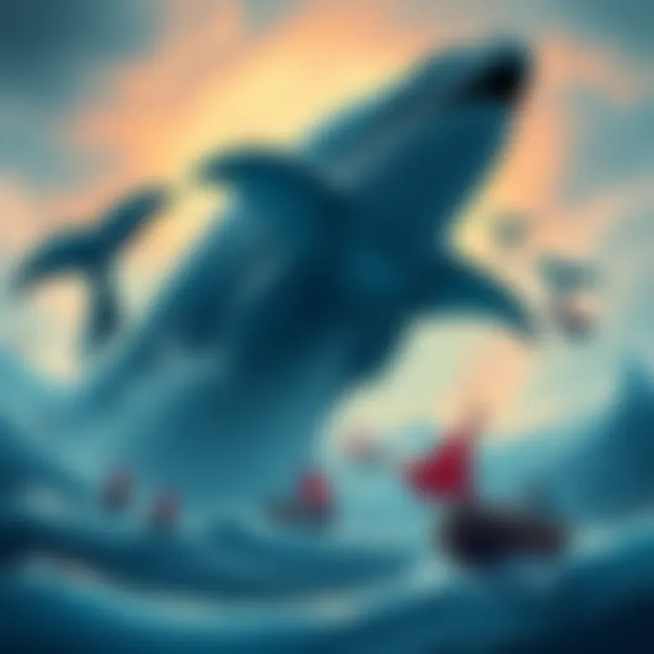 Illustration showing large whales representing major players overshadowing small boats representing regular traders in a turbulent ocean of numbers and charts, symbolizing market manipulation.