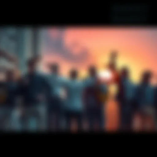 A group of determined individuals standing strong together during a downward market trend, showing resilience and hope.