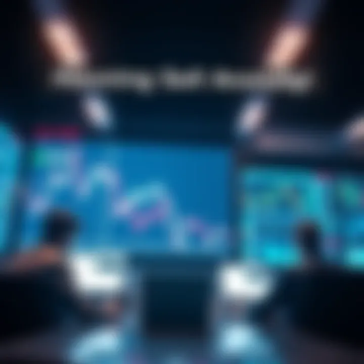 Market Sell Signal Graph showing downward trend with anxious investors looking at screens