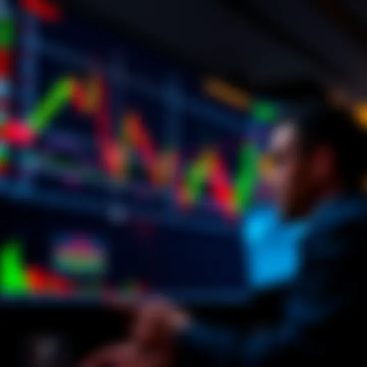 A chart showing fluctuating market trends with red and green indicators representing ups and downs, with a concerned trader looking at the screen.