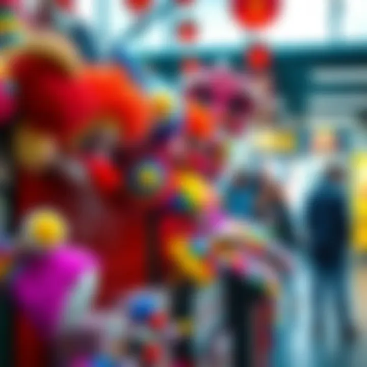 A colorful assortment of clown hats for sale, representing quirky market trends, with people browsing in the background.