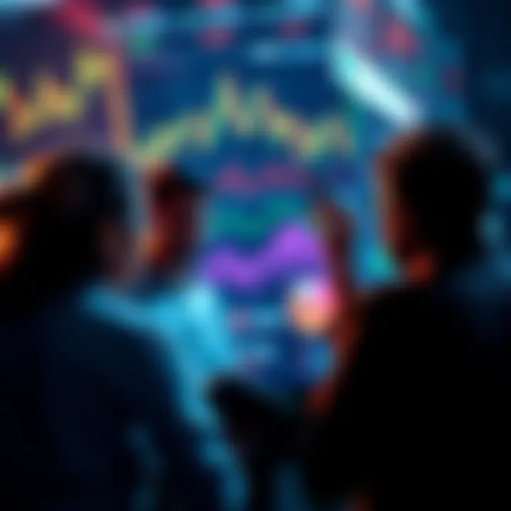 People discussing investment strategies with charts and graphs in the background, illustrating market shifts.